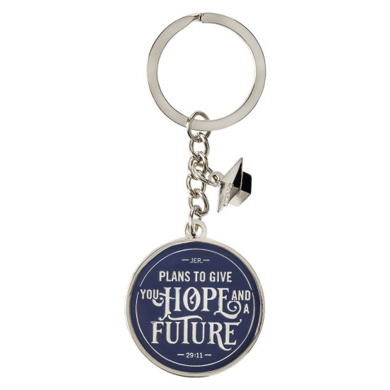 Congrats Grad Hope & a Future - Navy Blue Metal Key Ring with Link Chain and Charm - Jeremiah 29:11