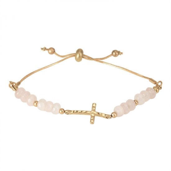 Bracelet - Sideways Cross/Cubic Zirconia/Pink Stone - Gold Plated