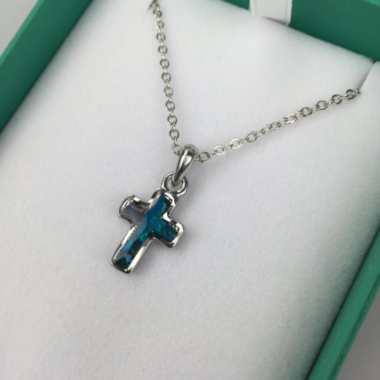 Inlaid Paua Shell Cross Pendant - Blue