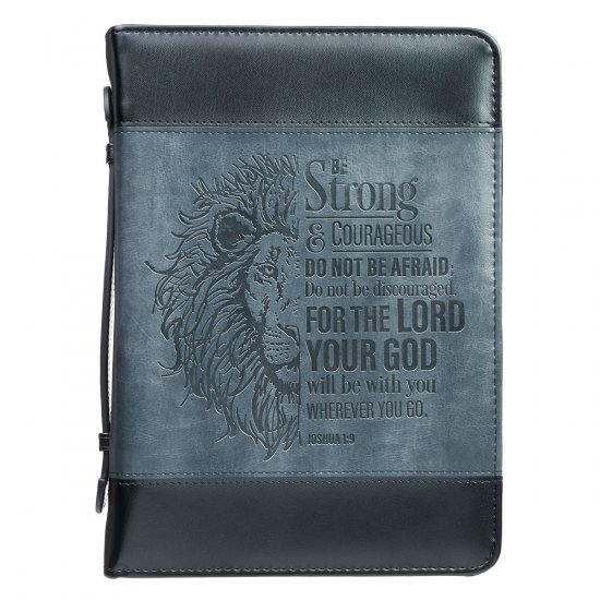 Be Strong Lion Two-Tone Black Bible Cover - Joshua 1:9 - Medium