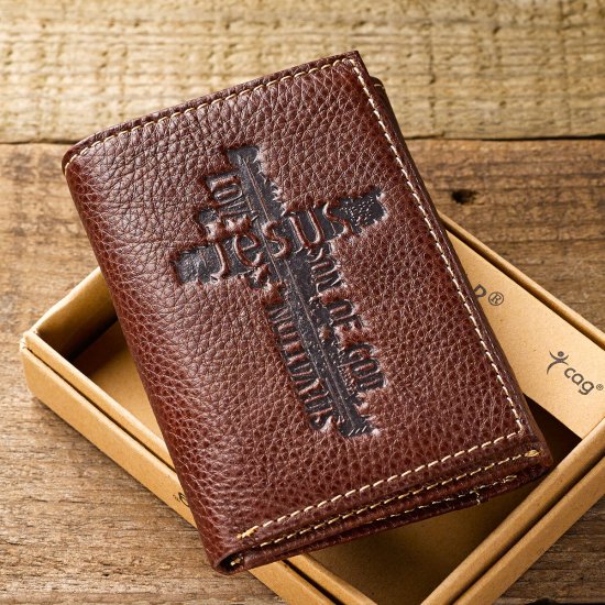 Tri-Fold With Debossed Cross in Brown Leather Wallet