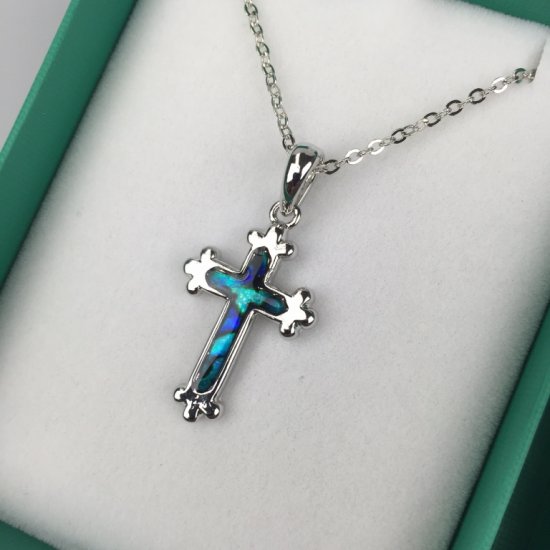 Inlaid Shell Cross Pendant Blue