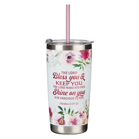 Bless You and Keep You - White Floral Stainless Steel Travel Tumbler with Straw - Numbers 6:24-25