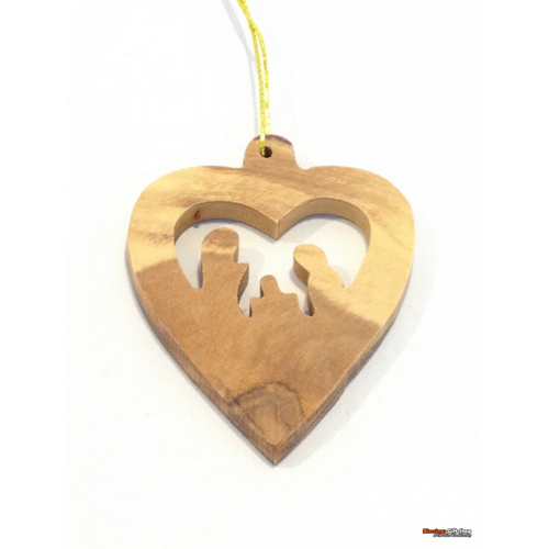 Olive Wood Christmas Decoration - Heart Holy Family