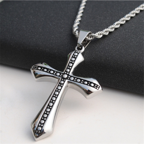 Stainless Steel Cross Pendant Necklace with Zircon Inlaid (silver with black)