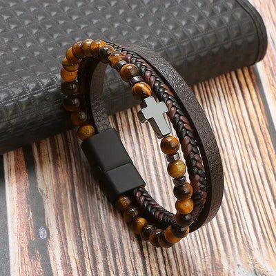Leather bracelet with cross and tiger stones