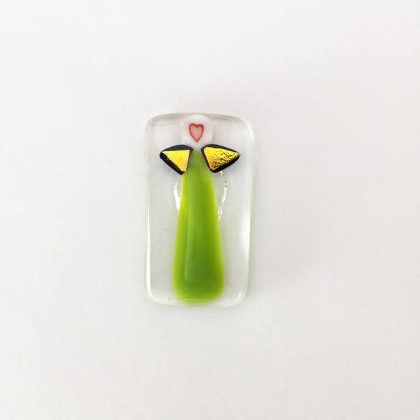Engleamulet i glas - grønært med guldvinger
